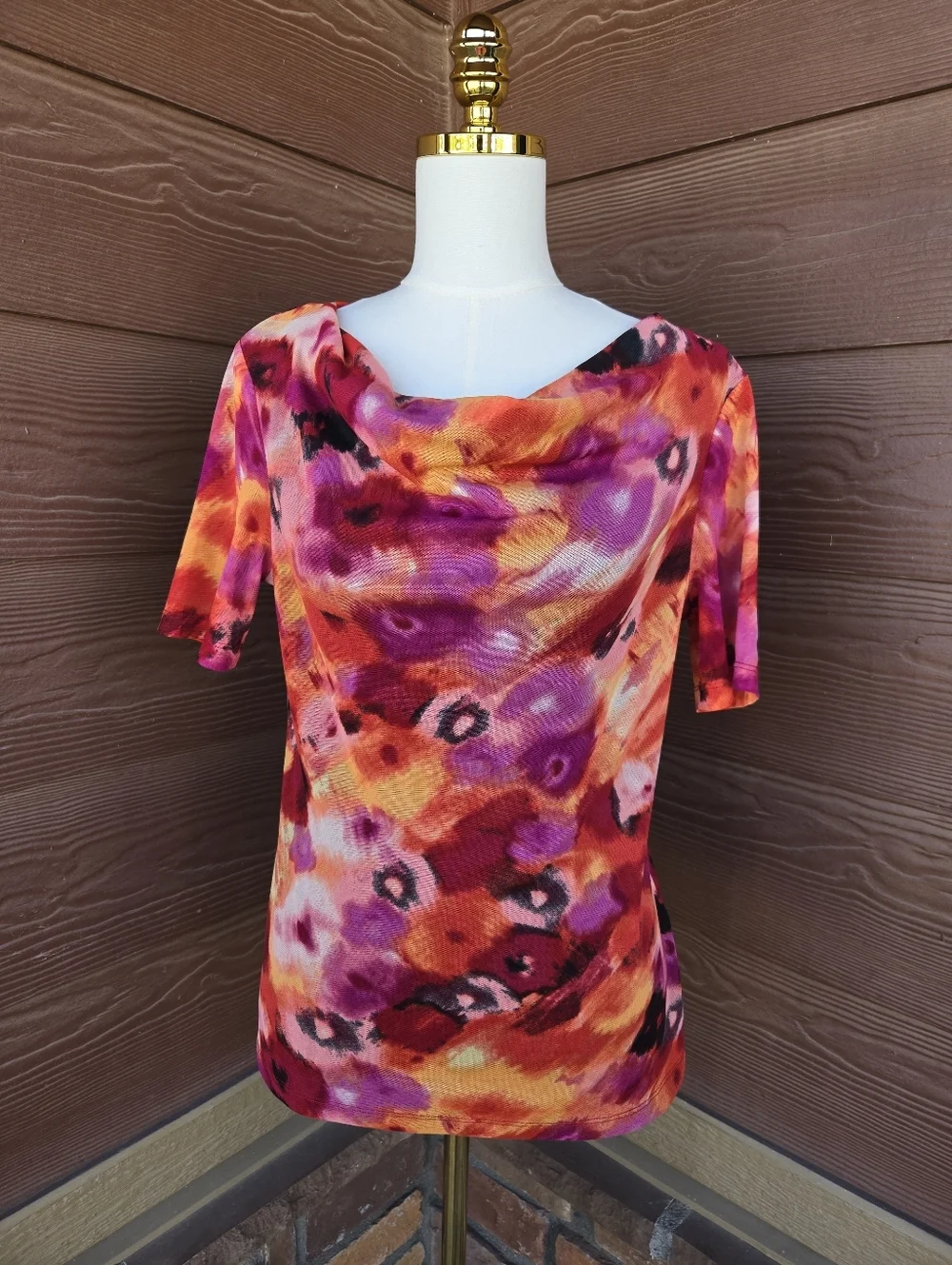 Ellen Tracy Stretch Colorful Mesh Floral Cowl Neck Women’s Top Size Medium NWOT